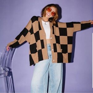 Dressed In LaLa Love You Oversized Checkered Cardigan in Latte+Black